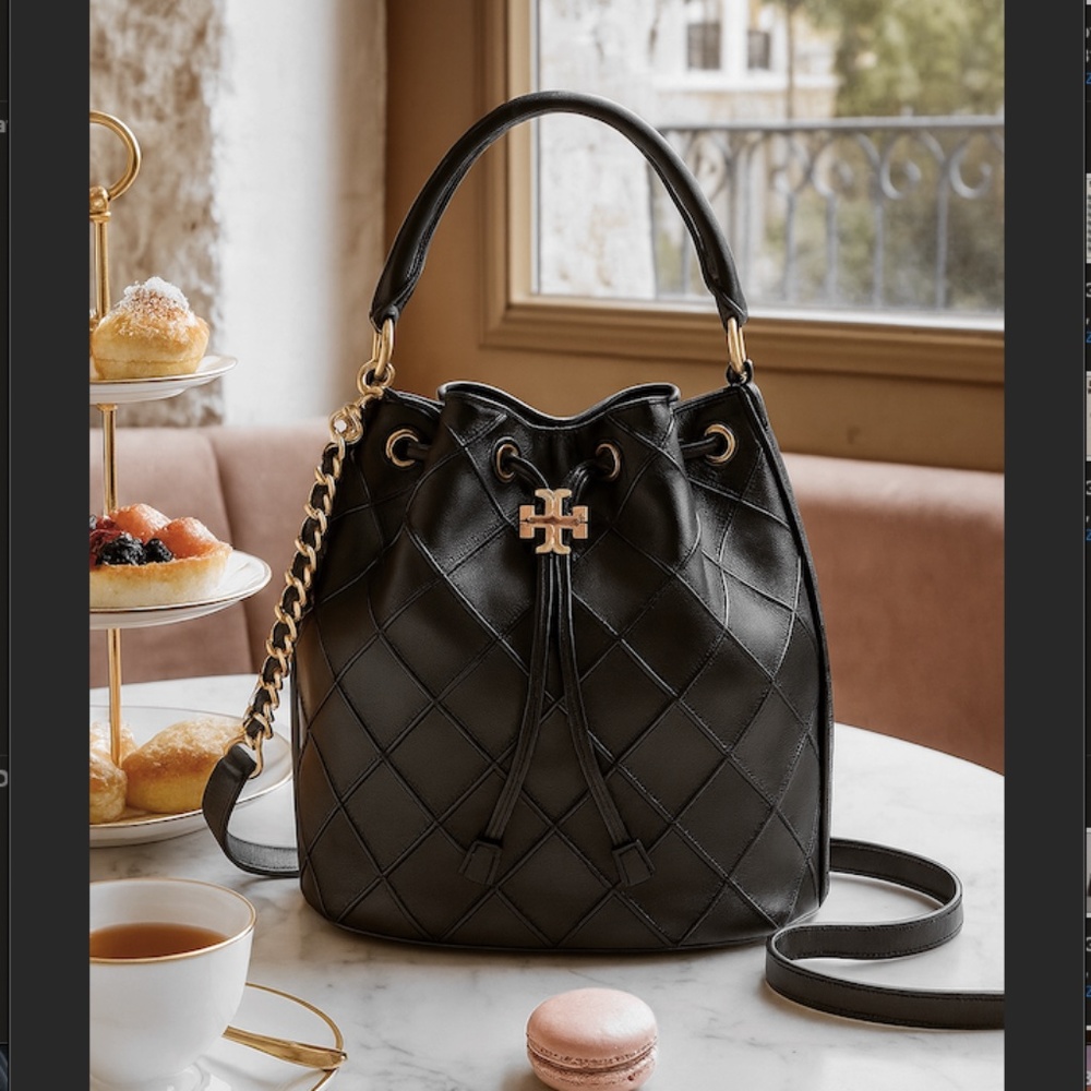 Tory Burch Black Leather Soft Fleming Bucket Bag with Chain Strap